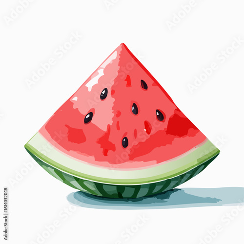 Fresh triangular slice of juicy watermelon with glossy red flesh, black seeds, and striped green rind.
