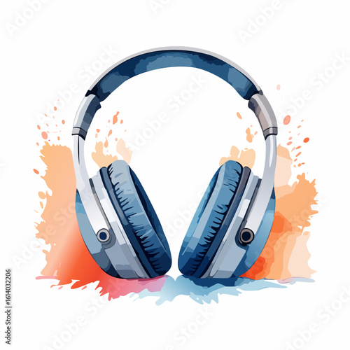 Stylish blue and silver over-ear headphones in a vibrant watercolor splash style.