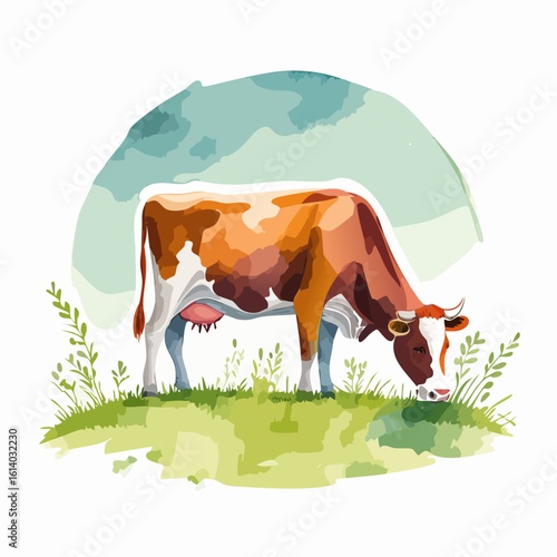 Stylized watercolor illustration of a brown and white dairy cow grazing in a field.
