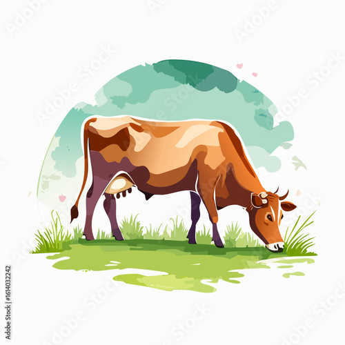 Stylized brown dairy cow with patches and horns, grazing on green grass.