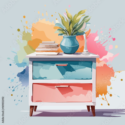A stylish mid-century modern nightstand with colorful blue and pink drawers, a potted plant, books, and a candlestick.