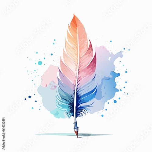 Elegant quill pen with a vibrant, multicolored feather, rendered in a soft watercolor style with ink splatters.
