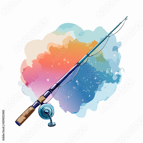 Modern blue fishing rod with a spinning reel and cork grip, shown in a stylized vector art style.