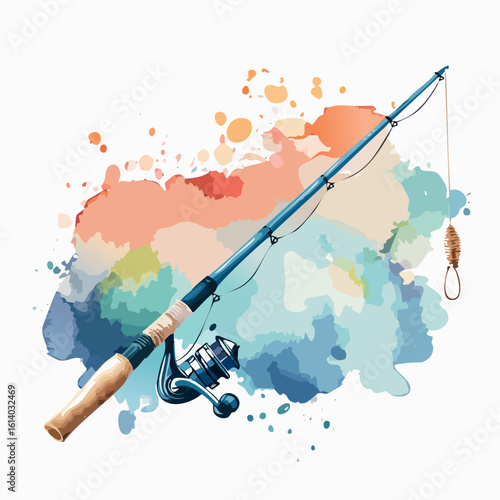 Blue spinning fishing rod with a cork handle and feeder lure, depicted in an artistic watercolor illustration.