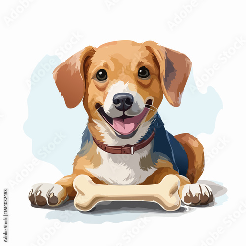 Happy tri-color Beagle dog lying down with a bone, smiling with an open mouth.
