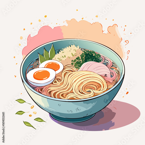 A stylized watercolor illustration of a Japanese ramen bowl with noodles, soft-boiled egg, and chashu.