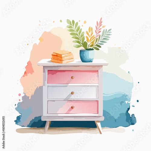 Watercolor illustration of a white and pink nightstand with a potted plant and a stack of books on top.