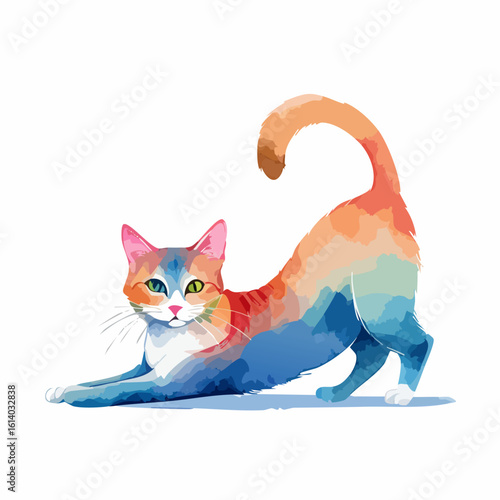 Vibrant watercolor cat in a playful stretch, featuring blue and orange fur and heterochromia eyes.