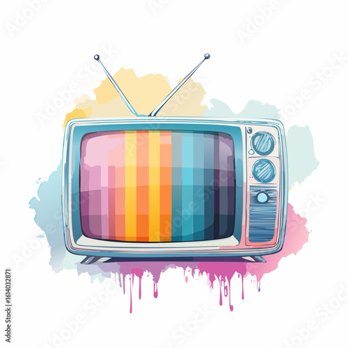 Vintage blue television with colorful test pattern screen in an artistic watercolor style with paint drips.