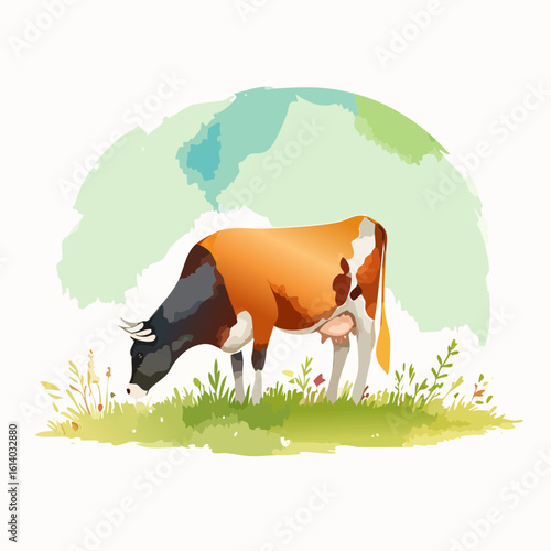 Stylized illustration of a brown, black, and white dairy cow grazing peacefully