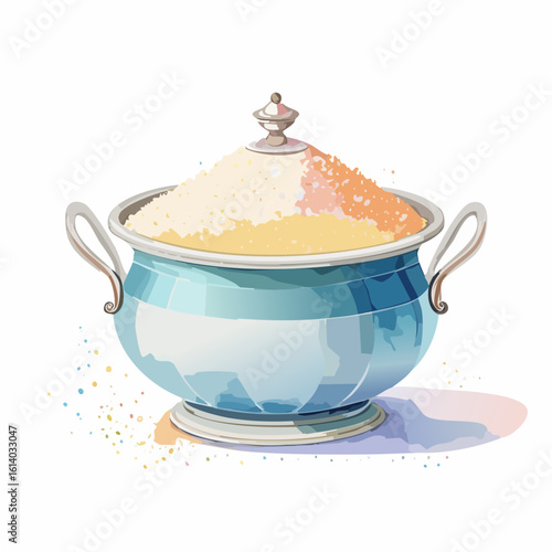 Blue and silver tureen with a heaping mound of couscous, topped with a decorative finial, watercolor illustration.
