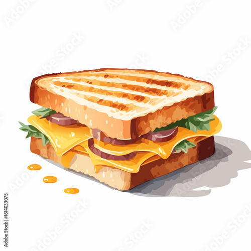 Toasted panini sandwich with grill marks, melted cheese, meat, and fresh greens.