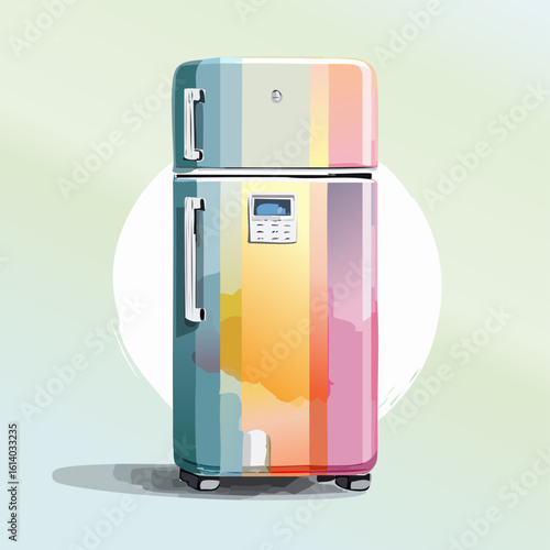 Colorful watercolor illustration of a retro two-door refrigerator with vibrant rainbow stripes.