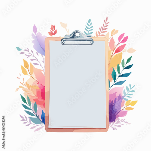 Elegant wooden clipboard with a metal clip and blank paper, adorned with a beautiful arrangement of colorful watercolor foliage.