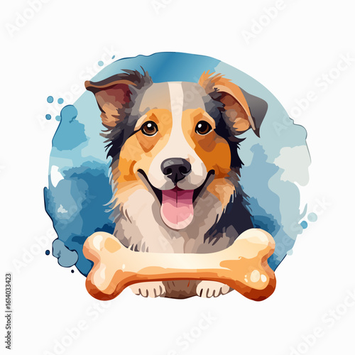 Joyful cartoon Australian Shepherd with a tricolor coat, smiling happily while holding a large bone.