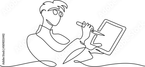 Concept of freelance graphic designer, illustrator, artist, cartoonist. Boy drawing cartoon using tablet and create art