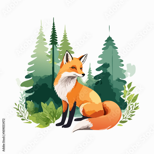 Elegant red fox with a bushy tail sitting in a stylized green pine forest illustration.