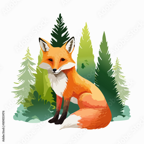 Elegant sitting red fox with a bushy white-tipped tail in a green pine forest illustration.