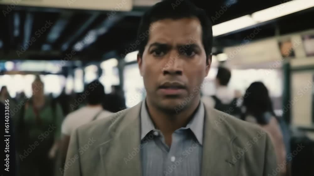 Worried businessman with a fearful expression looking around in a crowded city subway station Worried businessman with a fearful expression looking around in a crowded city subway station