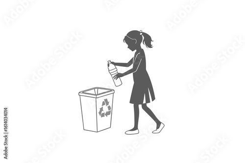 Girl Recycling Plastic Bottle into Recycling Bin Silhouette