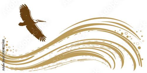 magnificent eagle soaring above flowing golden waves with scattered particles and wind currents isolated on white background.