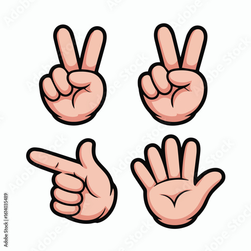 Cartoon illustration of four hands displaying different gestures on a white background design element