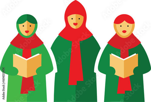 Three carolers singing christmas songs together