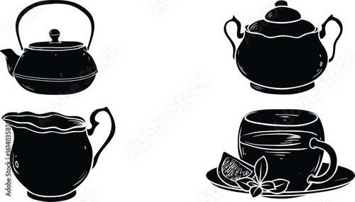 Elegant Tea Set Silhouette Icons – Vintage Teapot, Cup, Sugar Bowl, Creamer – Black Vector for Cafe, Menu, Kitchen Decor