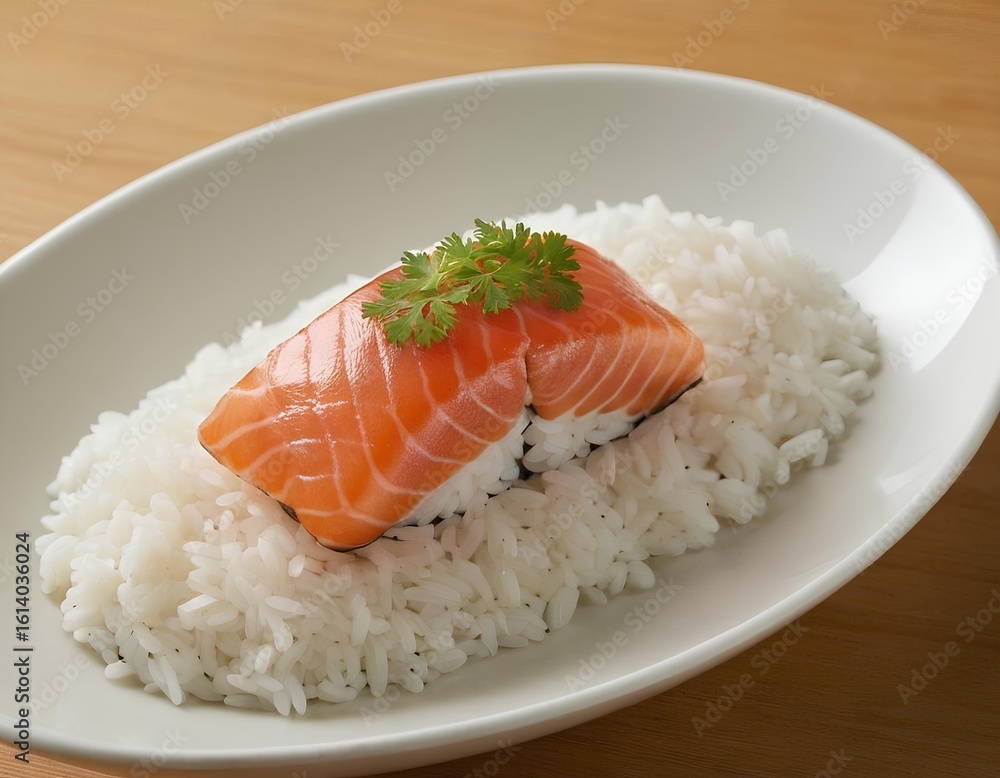 Fresh Salmon Nigiri with Parsley Garnish on Minimalist White Plate Fresh Salmon Nigiri with Parsley Garnish on Minimalist White Plate