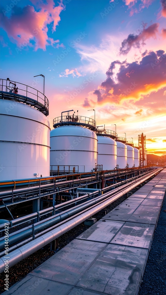 Fototapeta premium Industrial tanks at sunset