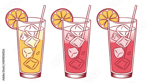 colorful cocktail drinks illustration with citrus garnish and striped straws in summer beverage art isolated on white background.