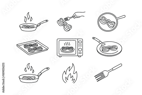 Frying bacon on stove in pan and microwave cooking bacon strips on fork and baking sheet