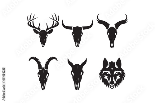 Collection of animal skulls and wolf head silhouette