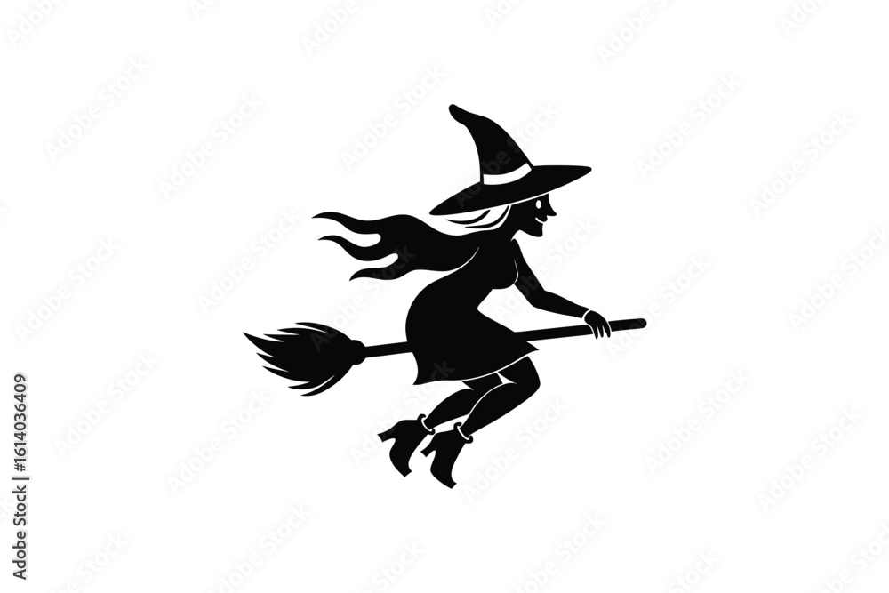 Obraz premium Whimsical Witch Flying on Broomstick Silhouette for Halloween Celebrations and Spooky Season Designs silhouette