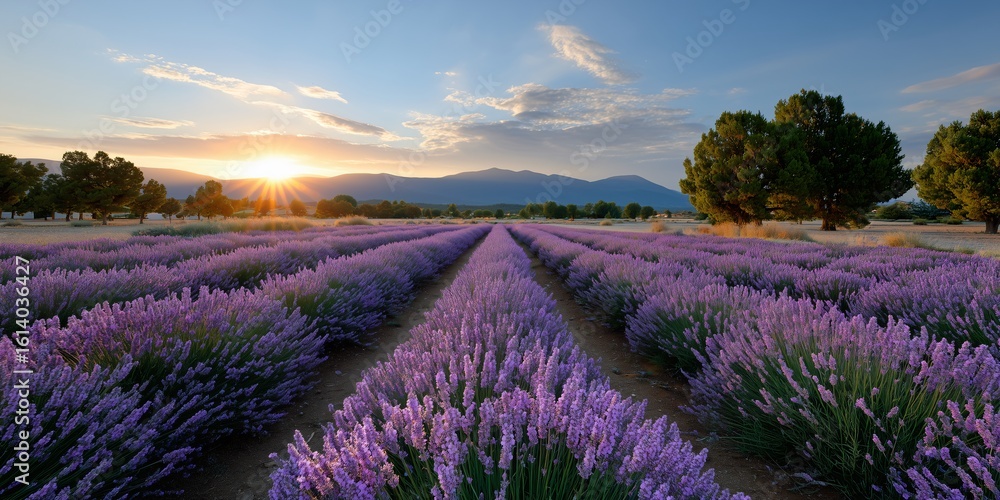 Obraz premium lavender field in full bloom at golden hour background