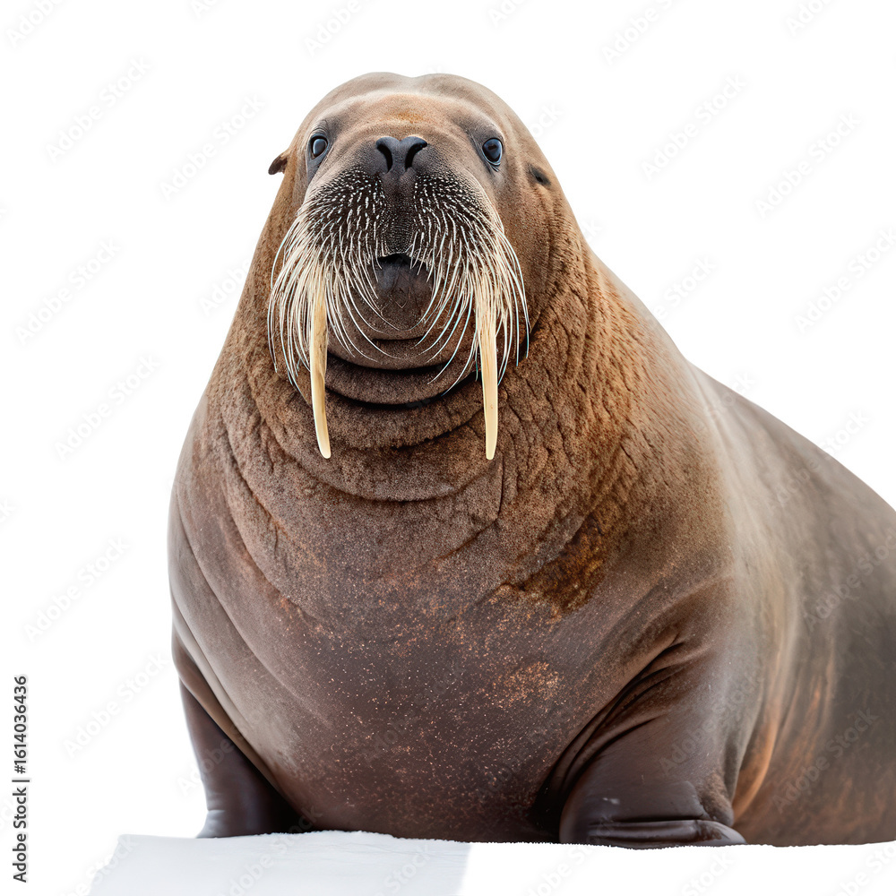 Obraz premium big walrus on png walrus standing on ice PNG marine mammal portrait PNG Arctic wildlife shot PNG transparent background image