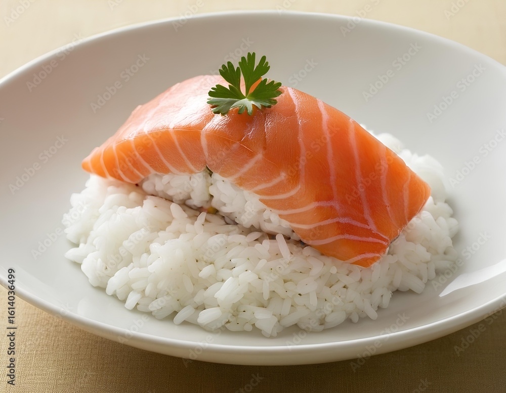 Fresh Salmon Nigiri with Parsley Garnish on Minimalist White Plate Fresh Salmon Nigiri with Parsley Garnish on Minimalist White Plate