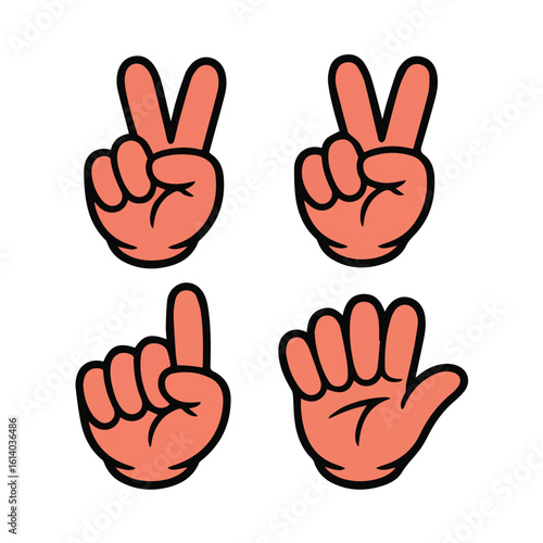 Cartoon hands displaying various hand gestures including peace sign one finger and open palm illustration