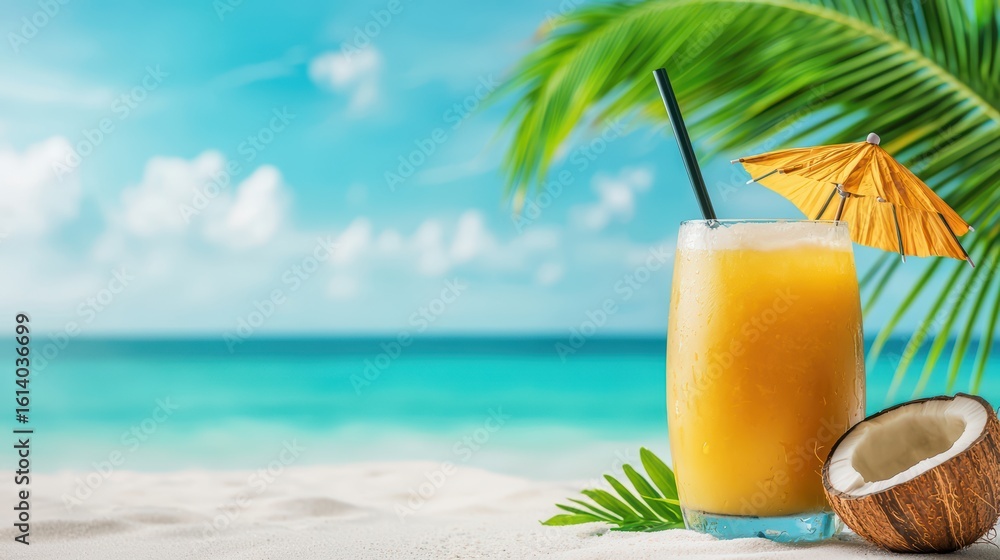 Obraz premium Refreshing Tropical Cocktail on Beach with Palm Trees