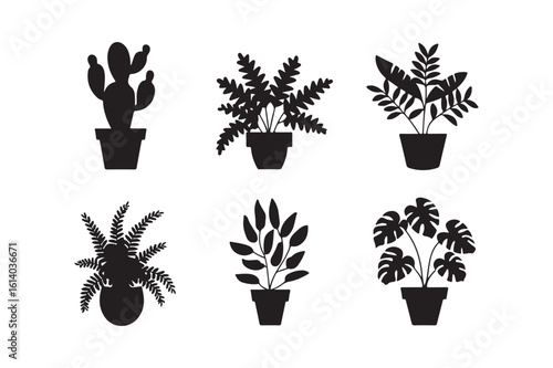 Collection of six potted houseplant silhouettes silhouette