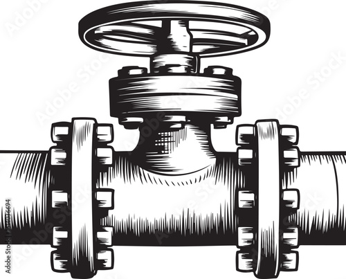 Detailed Black and White Illustration of a Pipeline Valve with Flanges and Wheel Handle detailed black