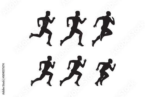 Collection of six male runners in motion silhouette