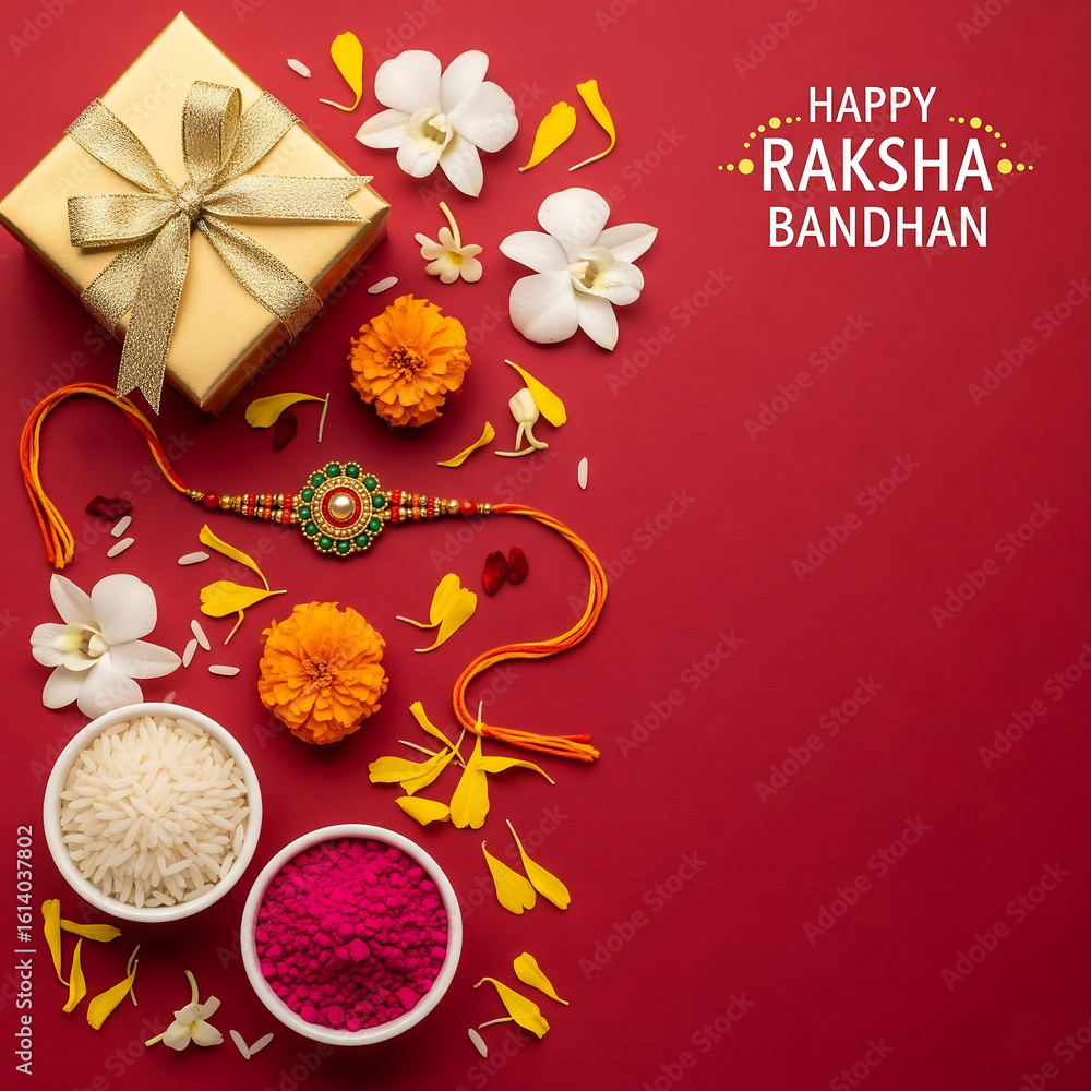 Fototapeta premium A beautiful Rakhi with kumkum and rice, ready for Raksha Bandhan.