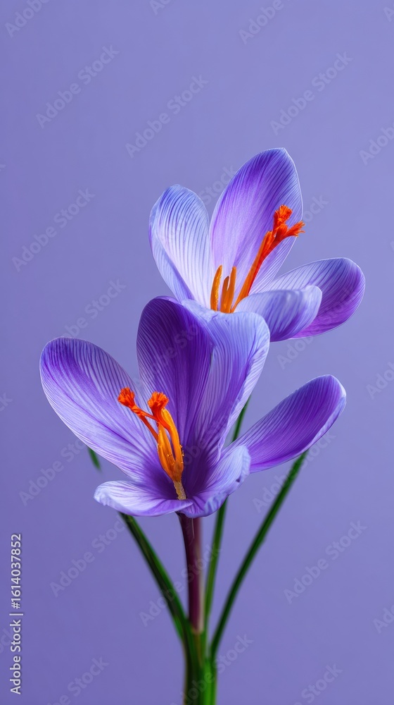 Fototapeta premium Purple saffron crocus flower bloom on flat lavender-blue background, template for social media banner, digital marketing, web, mobile wallpaper, greetings card