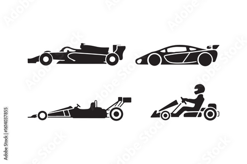 Collection of racing car silhouettes including formula one and go kart silhouette