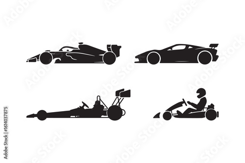 Collection of racing car silhouettes including formula one go kart and sports car silhouette