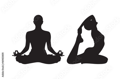 Two women practicing yoga in silhouette form