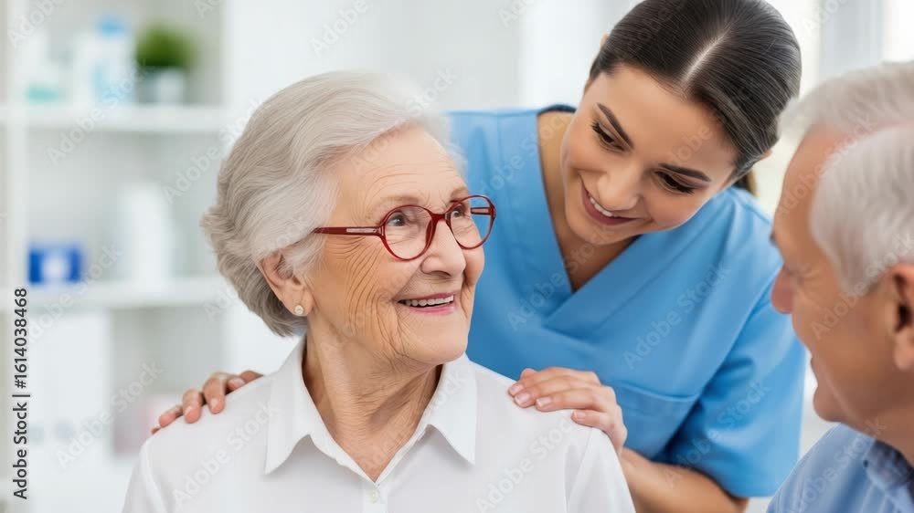 A smiling caregiver gently places her hand on the shoulder of a happy elderly woman, with an elderly man looking on warmly A smiling caregiver gently places her hand on the shoulder of a happy elderly woman, with an elderly man looking on warmly