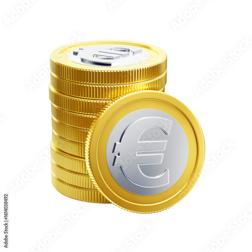 Euro Coins. Composition featuring ten metallic coins with the Euro symbol on them, all set against a transparent background. 3D rendered graphics.