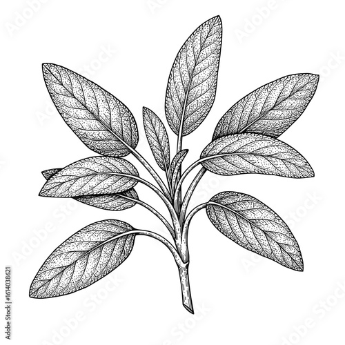 Vintage black and white engraving sketch of Sage leaves — hand drawn vector illustration for cosmetic label design 